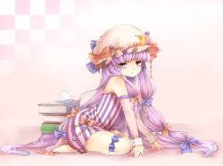 Rule 34 | 1girl, armlet, bare shoulders, beads, book, crescent, crystal ball, female focus, full body, gradient background, hat, leg ribbon, long hair, patchouli knowledge, purple eyes, purple hair, ribbon, rojiko, solo, thigh ribbon, touhou, wrist cuffs