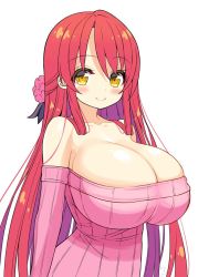 Rule 34 | 1girl, bare shoulders, blush, breasts, cleavage, flower knight girl, geranium (flower knight girl), huge breasts, long hair, looking at viewer, no bra, red hair, shuz, shuz (dodidu), smile, solo, yellow eyes