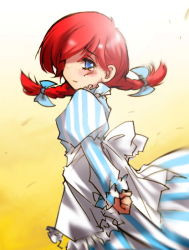 Rule 34 | 1girl, animification, blue eyes, braid, dress, freckles, jpeg artifacts, red hair, solo, takamako, twin braids, wendy&#039;s, wendy (wendy&#039;s)
