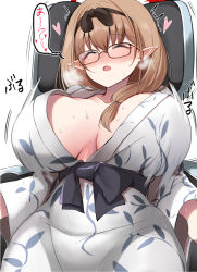Rule 34 | 10eki (tenchou), absurdres, blue archive, blush, breasts, chinatsu (blue archive), chinatsu (hot spring) (blue archive), closed eyes, glasses, halo, heart, highres, japanese clothes, kimono, large breasts, massage chair, pointy ears, simple background, solo, sweat, white background