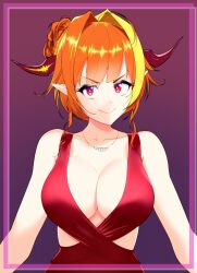 Rule 34 | 1girl, ahoge, alternate costume, breasts, collarbone, dragon girl, dragon horns, dress, fang, gradient background, hair bun, hair intakes, highres, hololive, horns, jewelry, kiryu coco, large breasts, multicolored hair, necklace, orange hair, pointy ears, porougon, purple background, red dress, red eyes, skin fang, solo, streaked hair, upper body, virtual youtuber