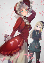 Rule 34 | 2girls, alternate costume, black headwear, black legwear, blonde hair, blue eyes, blush, brown gloves, commentary request, dress, fate (series), flower, gift, gloves, gray (fate), green eyes, hair flower, hair ornament, hat, holding, holding gift, long hair, long sleeves, looking at viewer, lord el-melloi ii case files, multiple girls, pantyhose, red dress, red flower, red headwear, red ribbon, red rose, reines el-melloi archisorte, ribbon, rose, sakumichi, simple background, smile, thumbs up, two-tone dress, white dress