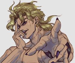 Rule 34 | 1boy, backlighting, black nails, blonde hair, derivative work, dio brando, ear birthmark, fingernails, grey background, highres, jojo no kimyou na bouken, looking at viewer, male focus, comic panel redraw, mullet, muscular, muscular male, pointing, pointing at viewer, red eyes, ruushii (lucy steel6969), scar, scar on neck, sharp fingernails, solo, stardust crusaders, stitched neck, stitches, topless male