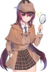 Rule 34 | 1girl, alternate costume, bad id, bad twitter id, belt, breasts, capelet, cosplay, damda, deerstalker, detective, fate/grand order, fate (series), hat, holding, holding magnifying glass, long hair, looking at viewer, magnifying glass, necktie, plaid, plaid headwear, plaid skirt, purple hair, red eyes, scathach (fate), sherlock holmes, sherlock holmes (cosplay), skirt, smile, solo, sparkle, the adventures of sherlock holmes