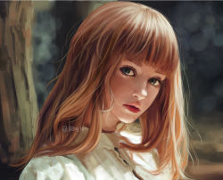 Rule 34 | 1girl, artist name, blue eyes, blunt bangs, blurry, blurry background, bokeh, day, depth of field, eyelashes, head tilt, hiba-tan, lips, long hair, looking at viewer, nose, original, outdoors, parted lips, photo-referenced, realistic, solo, tree