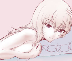 Rule 34 | 1girl, blue eyes, breasts, closed mouth, commentary request, covering privates, covering breasts, from side, girls und panzer, half-closed eyes, hand on own head, itsumi erika, looking at viewer, lying, medium breasts, medium hair, muted color, on bed, on stomach, partial commentary, pillow, pink background, sideboob, silver hair, simple background, smile, solo, waking up, yoyokkun