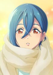 Rule 34 | 1girl, blue hair, blurry, blurry background, brown scarf, commentary, earrings, hair between eyes, highres, jewelry, lips, looking at viewer, love live!, love live! superstar!!, parted lips, red eyes, sano keiichi, scarf, short hair, single sidelock, solo, straight-on, stud earrings, upper body, wakana shiki, yellow background