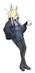 Rule 34 | 1girl, anger vein, animal ear fluff, animal ears, black gloves, black jacket, black pantyhose, blonde hair, blue archive, blue halo, blue necktie, blue skirt, boots, breasts, commentary request, cup, full body, gloves, green eyes, grey footwear, hair over one eye, halo, hand in pocket, hand up, highres, holding, holding cup, jacket, kanna (blue archive), large breasts, long hair, necktie, one eye covered, open clothes, open jacket, pantyhose, pencil skirt, sharp teeth, sidelocks, simple background, skirt, smoke, solo, standing, teeth, uuronhai, white background