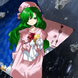 Rule 34 | 1girl, bright pupils, clock, closed mouth, commentary request, doll, expressionless, green hair, hair over one eye, hat, holding, holding doll, kaigen 1025, kazami yuuka, kazami yuuka (pc-98), long hair, long sleeves, neck ribbon, nightcap, nightgown, pink hat, pink nightgown, red ribbon, ribbon, solo, touhou, touhou (pc-98), white pupils
