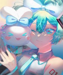 Rule 34 | &gt; &lt;, 1girl, :3, :d, aqua eyes, aqua hair, aqua nails, aqua necktie, bare shoulders, black sleeves, blue bow, blush stickers, body writing, bow, cheek-to-cheek, cinnamiku, cinnamoroll, closed mouth, commentary request, crossover, cuddling, detached sleeves, frilled shirt, frills, grey shirt, hair between eyes, hair bow, hair ornament, hatsune miku, heads together, heart, highres, holding, matching outfits, nail art, nail polish, necktie, open mouth, sanrio, shirt, smile, tied ears, updo, upper body, vocaloid, yosuga (artist)
