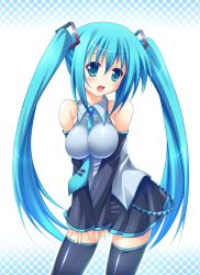 Rule 34 | 1girl, aqua eyes, aqua hair, bare shoulders, detached sleeves, hatsune miku, highres, long hair, miu (c blue), necktie, open mouth, simple background, skirt, solo, thighhighs, twintails, very long hair, vocaloid, white background