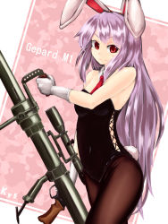 Rule 34 | 1girl, animal ears, anti-materiel rifle, ascot, bare arms, bare shoulders, black pantyhose, breasts, gloves, gun, highres, kys (k-k2), large breasts, leotard, long hair, looking at viewer, pantyhose, playboy bunny, purple hair, rabbit, rabbit ears, rabbit girl, rabbit tail, red eyes, reisen udongein inaba, rifle, smile, sniper, sniper rifle, solo, tail, touhou, very long hair, weapon, white gloves