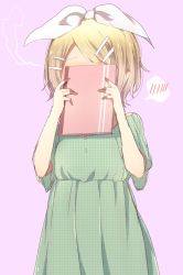 Rule 34 | 1girl, blonde hair, book, casual, covering face, dress, embarrassed, female focus, green dress, hair ornament, hair ribbon, hairclip, harusawa, kagamine rin, pink background, ribbon, short hair, simple background, solo, spoken blush, steam, vocaloid