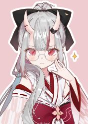 Rule 34 | 1girl, :3, adjusting eyewear, bespectacled, blush, bow, breasts, closed mouth, commentary request, detached sleeves, glasses, grey hair, hair between eyes, hair bow, hair ornament, highres, hololive, horns, long hair, looking at viewer, luna (luna610), nakiri ayame, portrait, red eyes, simple background, skin-covered horns, small breasts, solo, virtual youtuber, white background