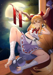 Rule 34 | 1girl, absurdres, belt, bow, breasts, brown eyes, brown horns, brown nails, chain, closed mouth, commentary request, fang, fang out, foot wraps, full body, full moon, gourd, hair between eyes, hair bow, highres, horn ornament, horn ribbon, horns, ibuki suika, light brown hair, long hair, looking at viewer, low-tied long hair, medium bangs, moon, night, purple ribbon, purple skirt, red bow, ribbon, ribbon-trimmed skirt, ribbon trim, sharp toenails, shirt, sidelocks, sitting, skirt, sky, sleeveless, sleeveless shirt, small breasts, smile, solo, star (sky), starry sky, toenails, touhou, tree, very long hair, white shirt, wrist cuffs, yinian