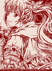 Rule 34 | 1girl, artist name, character request, closed mouth, commentary request, copyright request, dated, english text, floating hair, flower, from behind, hair ornament, holding, holding flower, long hair, looking at viewer, looking back, minasuki popuri, monochrome, oekaki, red theme, sidelocks, sketch, smile, solo, tegaki, tegaki draw and tweet