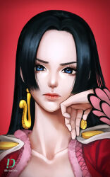 Rule 34 | 1girl, artist name, black hair, blue eyes, boa hancock, closed mouth, collarbone, commentary, earrings, epaulettes, jewelry, lips, lipstick, long hair, looking at viewer, makeup, one piece, red background, red lips, rita11zero, signature, simple background, snake earrings, solo