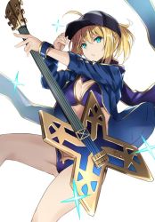 Rule 34 | 1girl, ahoge, artoria pendragon (fate), bikini, blonde hair, blue eyes, cleavage, fate/grand order, fate (series), guitar, hat, instrument, jacket, mysterious heroine x (fate), nabeshima tetsuhiro, open clothes, open jacket, solo, swimsuit