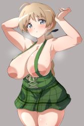 Rule 34 | 1girl, ahoge, armpits, arms up, blue eyes, blush, braid, braided ponytail, breasts, brown hair, closed mouth, collarbone, grey background, hair ornament, hair ribbon, highres, huge breasts, inverted nipples, large areolae, lynette bishop, miniskirt, nipples, no bra, ponytail, ribbon, rqm55, simple background, skirt, solo, standing, strike witches, suspender skirt, suspenders, sweat, world witches series