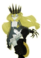 Rule 34 | 10s, 1girl, black rock shooter, blonde hair, chariot (black rock shooter), claws, cleft of venus, colored skin, crown, dress, grey skin, highres, no panties, pussy, solo, the pink pirate, yellow eyes