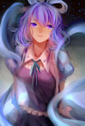 Rule 34 | 1girl, akari (qq941315189), arms behind back, bad id, bad pixiv id, blue eyes, blue hair, breasts, collarbone, curly hair, dress, frilled dress, frills, hair rings, highres, kaku seiga, large breasts, lips, looking at viewer, matching hair/eyes, neck ribbon, puffy short sleeves, puffy sleeves, ribbon, shawl, short hair, short sleeves, smile, solo, touhou, upper body