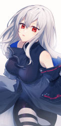 Rule 34 | 1girl, arknights, arm cuffs, arms at sides, ascot, bare shoulders, black ascot, black shirt, breasts, chinese commentary, commentary request, elite ii (arknights), hair between eyes, highres, idass (idass16), long hair, looking at viewer, medium breasts, no headwear, open mouth, red eyes, shirt, silver hair, simple background, skadi (arknights), skadi (elite ii) (arknights), sleeveless, sleeveless shirt, solo, upper body, very long hair, white background