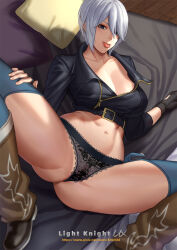 Rule 34 | 1girl, angel (kof), ass, black panties, boots, breasts, cleavage, cowboy boots, cropped jacket, fingerless gloves, gloves, hair over one eye, jacket, l.k, large breasts, leather, leather jacket, navel, panties, solo, the king of fighters, tongue, tongue out, underwear, white hair