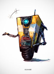 Rule 34 | artist name, borderlands (series), claptrap, glowing, grey background, k-suwabe, no humans, non-humanoid robot, realistic, robot, science fiction, simple background, solo, standing, tire