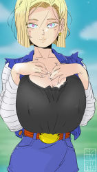 Rule 34 | 1girl, absurdres, android 18, belt, blonde hair, blue eyes, breasts, cleavage, collarbone, cowboy shot, denim, denim skirt, dragon ball, dragonball z, earrings, covered erect nipples, highres, huge breasts, jewelry, lips, long sleeves, looking at viewer, miniskirt, outdoors, parted lips, roumgu, short hair, skirt, solo, vest