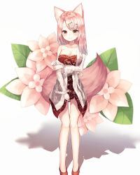 Rule 34 | 1girl, animal ears, bare shoulders, blush, breasts, brown eyes, brown footwear, cleavage, closed mouth, collarbone, commentary request, dress, flower, fox ears, fox girl, fox tail, frilled sleeves, frills, full body, hair flower, hair ornament, highres, jacket, long hair, long sleeves, looking at viewer, medium breasts, open clothes, open jacket, parted bangs, pink flower, pink hair, red dress, see-through, shadow, shiro (acad1213), shoes, smile, solo, standing, strapless, strapless dress, tail, talesshop, white background, wide sleeves