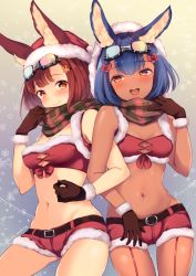 Rule 34 | 2girls, :d, animal ear fluff, animal ears, bandeau, bare arms, bare shoulders, belt, black gloves, blue hair, blush, breasts, breasts apart, calm mashiro, christmas, cleavage, closed mouth, commentary request, crop top, dark-skinned female, dark skin, ears through headwear, etrian odyssey, fur-trimmed gloves, fur-trimmed headwear, fur trim, garter straps, gloves, gluteal fold, goggles, goggles on head, green scarf, groin, hair ornament, hair ribbon, hairclip, half-closed eyes, hand up, hat, highres, hound (sekaiju), locked arms, medium breasts, midriff, multiple girls, navel, open mouth, orange eyes, plaid, plaid scarf, rabbit hair ornament, red hair, red hat, red ribbon, red shorts, ribbon, santa costume, santa hat, scarf, scarf pull, sekaiju no meikyuu, sekaiju no meikyuu 5, short hair, short shorts, shorts, side-by-side, sleeveless, small breasts, smile, snowflakes, standing, stomach, teeth, upper teeth only