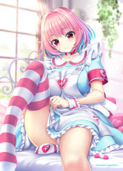 Rule 34 | 1girl, ahoge, angel wings, apron, armband, bed frame, blue dress, blue hair, blurry, blurry background, blush, breasts, cameltoe, choker, closed mouth, clothes lift, collarbone, curtains, day, dress, dress lift, fake wings, frilled apron, frilled wrist cuffs, frills, hair intakes, hat, heart, heart-shaped pillow, heart print, idolmaster, idolmaster cinderella girls, indoors, knee up, large breasts, lifted by self, looking at viewer, multicolored hair, nail polish, no shoes, nomura teruya, nurse cap, on bed, panties, petticoat, pill, pillow, pink choker, pink eyes, pink hair, pink nails, pink thighhighs, plant, short hair, short sleeves, sitting, smile, solo, sparkle print, striped clothes, striped thighhighs, sunlight, thighhighs, thighs, two-tone hair, underwear, unworn headwear, watermark, white apron, white panties, window, wings, wrist cuffs, yumemi riamu