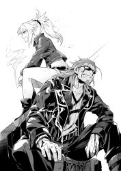 Rule 34 | 1boy, 1girl, arm on knee, belt, blood, blood on clothes, blood on face, blood on hands, boots, braid, cigarette, collarbone, collared jacket, crown braid, facial hair, fate/apocrypha, fate (series), fuse ryuuta, goatee, greyscale, hair slicked back, highres, holding, holding cigarette, injury, jacket, long sleeves, loose hair strand, monochrome, mordred (fate), mordred (fate/apocrypha), open clothes, open jacket, ponytail, rubble, scar, scar on face, shishigou kairi, short shorts, shorts, sidelocks, sitting, smile, sunglasses, white background