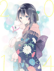 Rule 34 | 10s, 1girl, 2014, black hair, happy new year, highres, inko (mini), japanese clothes, kimono, new year, original, pony (animal), smile, solo
