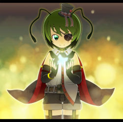 Rule 34 | 1girl, alternate costume, antennae, bad id, bad pixiv id, black thighhighs, bug, butterfly, cape, elbow gloves, eyepatch, female focus, fingerless gloves, garter straps, gloves, green eyes, green hair, hat, insect, letterboxed, matching hair/eyes, mimiru (mimill), mini hat, mini top hat, nail polish, short hair, short shorts, shorts, solo, thighhighs, top hat, touhou, wriggle nightbug