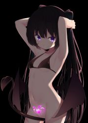 Rule 34 | 1girl, absurdres, armpits, arms up, bare arms, bare shoulders, between legs, bikini, black background, black bikini, black hair, blush, bottomless, breasts, brown wings, closed mouth, collarbone, commentary, demon girl, demon tail, demon wings, glowing, groin, hair between eyes, highres, long hair, looking at viewer, memekko, micro bikini, navel, original, pubic tattoo, purple eyes, sideboob, simple background, small breasts, solo, standing, swimsuit, tail, tail between legs, tail censor, tattoo, twintails, underboob, very long hair, wings