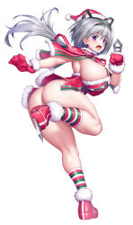 Rule 34 | 1girl, alternate costume, asahi, ass, boots, breasts, christmas, full body, gloves, hat, highres, huge ass, huge breasts, koume mikake, lilith-soft, long hair, merry christmas, ninja, official alternate costume, official art, purple eyes, santa boots, santa costume, santa hat, shiny skin, silver hair, simple background, taimanin (series), thick thighs, thighs, weapon, wide hips