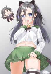 2girls :d =_= absurdres animal_ears bad_id bad_pixiv_id black_bow black_bowtie black_dress black_hair black_thighhighs blue_eyes blush blush_stickers bow bowtie breasts cat_ears cat_tail chibi chibi_inset clothes_lift collar commentary_request covering_own_mouth cowboy_shot dress emoji fairy_(girls&#039;_frontline) girls&#039;_frontline green_sailor_collar green_skirt grey_background hair_between_eyes hair_ornament hairclip highres horizontal-striped_thighhighs lifting_own_clothes long_hair long_sleeves looking_at_viewer medium_breasts midriff multiple_girls navel one_side_up open_mouth pleated_skirt sailor_collar shirt simple_background single_thighhigh skindentation skirt skirt_lift smile smug striped_clothes striped_thighhighs tail takechii taunt_fairy_(girls&#039;_frontline) thighhighs unkempt very_long_hair white_collar white_shirt white_thighhighs