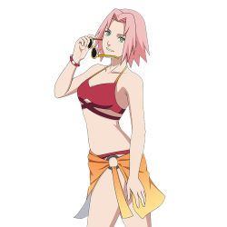 Rule 34 | 1girl, bare arms, bare legs, bare shoulders, belly, bikini, breasts, cleavage, collarbone, green eyes, haruno sakura, legs, looking at viewer, midriff, naruto (series), naruto shippuuden, navel, official art, open mouth, pink hair, red bikini, sarong, smile, sunglasses, swimsuit