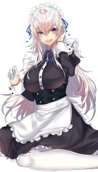 Rule 34 | 1girl, :d, apron, blue eyes, blush, breasts, earrings, frills, gloves, hair between eyes, half gloves, heart, highres, jewelry, looking at viewer, maid, maid apron, maid headdress, onineko-chan, open mouth, original, pantyhose, silver hair, simple background, sitting, smile, solo, white background, white gloves, white pantyhose