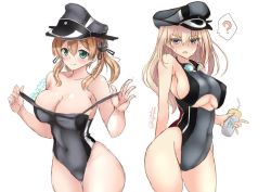 Rule 34 | anchor hair ornament, aqua eyes, bismarck (kancolle), blonde hair, blue eyes, breasts, cleavage, clothes pull, competition swimsuit, covered navel, cowboy shot, cup, goggles, goggles around neck, hair ornament, hat, highleg, highleg swimsuit, holding, holding cup, kantai collection, kuga zankurou, large breasts, long hair, military hat, one-piece swimsuit, one-piece swimsuit pull, peaked cap, prinz eugen (kancolle), sideboob, swimsuit, twintails, underboob, white background