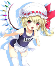 Rule 34 | 1girl, apron, artist request, bent over, blonde hair, blush, crystal, fang, flandre scarlet, hat, hat ribbon, looking at viewer, mob cap, one-piece swimsuit, open mouth, red eyes, ribbon, school swimsuit, short hair, side ponytail, smile, solo, swimsuit, thighhighs, tirotata, touhou, waist apron, white background, white thighhighs, wings