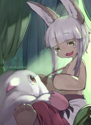 Rule 34 | 1other, akisa yositake, androgynous, animal ears, body fur, brown fur, horizontal pupils, looking at viewer, made in abyss, mitty (made in abyss), nanachi (made in abyss), other focus, pink fur, short hair with long locks, smile, topless, white hair, yellow eyes