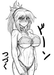 Rule 34 | &gt;:(, 1girl, alternate breast size, bare arms, bare shoulders, bikini, blush, breasts, collar, cowboy shot, crossed arms, embarrassed, fate/apocrypha, fate/grand order, fate (series), frown, green eyes, greyscale, highres, jewelry, large breasts, looking at viewer, looking away, looking to the side, mitsurugi tsurugi, monochrome, mordred (fate), mordred (fate/apocrypha), navel, necklace, ponytail, simple background, solo, sweat, swimsuit, translated, upper body, v-shaped eyebrows, white background
