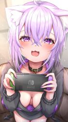 Rule 34 | 120cen8pmpaeiqi, 1girl, ahoge, animal ears, blush, breasts, cat ears, cat girl, cleavage, collar, downblouse, highres, hololive, hood, hoodie, light purple hair, looking at viewer, medium breasts, nail polish, nekomata okayu, nintendo switch, no bra, open mouth, purple eyes, smile, solo, tooya0923, virtual youtuber