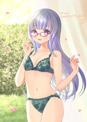 Rule 34 | 1girl, absurdres, blush, bra, breasts, bush, cleavage, collarbone, commentary request, commission, cowboy shot, dated commentary, falling petals, flower, glasses, green bra, green panties, grey hair, highres, long hair, looking at viewer, navel, open mouth, original, osumi izumi, panties, petals, pink nails, purple eyes, red-framed eyewear, skeb commission, small breasts, smile, solo, underwear, underwear only