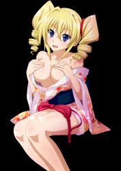 Rule 34 | 10s, 1girl, blonde hair, blue eyes, breasts, covering privates, covering breasts, high school dxd, highres, japanese clothes, large breasts, long hair, ravel phenex, sitting, solo, twintails
