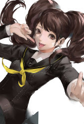 Rule 34 | 1girl, black sailor collar, blazpu, brown eyes, brown hair, commentary request, earrings, hand up, highres, jewelry, kujikawa rise, light, lipstick, long hair, long sleeves, looking at viewer, makeup, neckerchief, outstretched arm, persona, persona 4, pointing, pointing at self, revision, sailor collar, school uniform, serafuku, shaded face, simple background, smile, solo, sunlight, twintails, white background, yasogami school uniform, yellow neckerchief