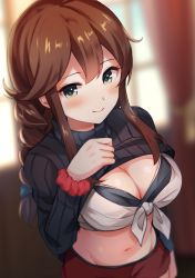 Rule 34 | 1girl, absurdres, bikini, bikini under clothes, black bikini, black sweater, blurry, blurry background, blush, braid, breasts, brown hair, cleavage, clothes pull, green eyes, hair ribbon, highres, indoors, kantai collection, large breasts, long hair, long sleeves, navel, noshiro (kancolle), red skirt, ribbed sweater, ribbon, senbei (senbe i), shirt, shirt under sweater, shorts, sidelocks, skirt, smile, solo, sweater, sweater pull, swimsuit, tied shirt, twin braids, white shirt