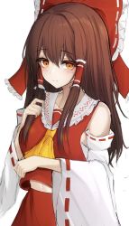 Rule 34 | 1girl, 7saki, ascot, blush, bow, breasts, brown eyes, brown hair, closed mouth, collarbone, detached sleeves, frilled bow, frilled shirt collar, frills, hair between eyes, hair bow, hair tubes, hakurei reimu, highres, holding, holding hair, long hair, long sleeves, looking at viewer, medium breasts, midriff, navel, nontraditional miko, ponytail, red bow, ribbon-trimmed sleeves, ribbon trim, sarashi, simple background, solo, touhou, white background, yellow ascot